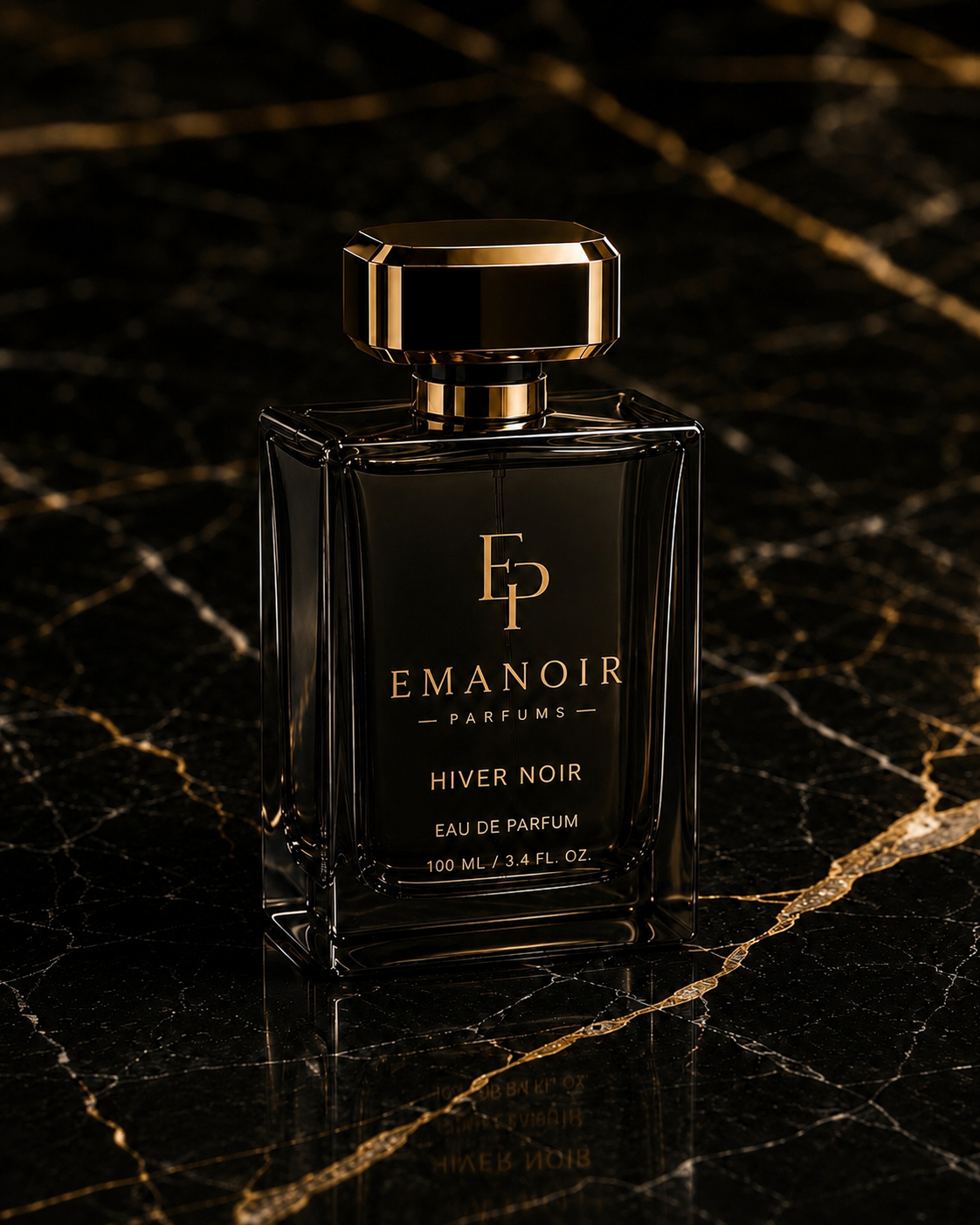 Emanoir Parfums Hiver Noir — dark smoke bottle with champagne gold details