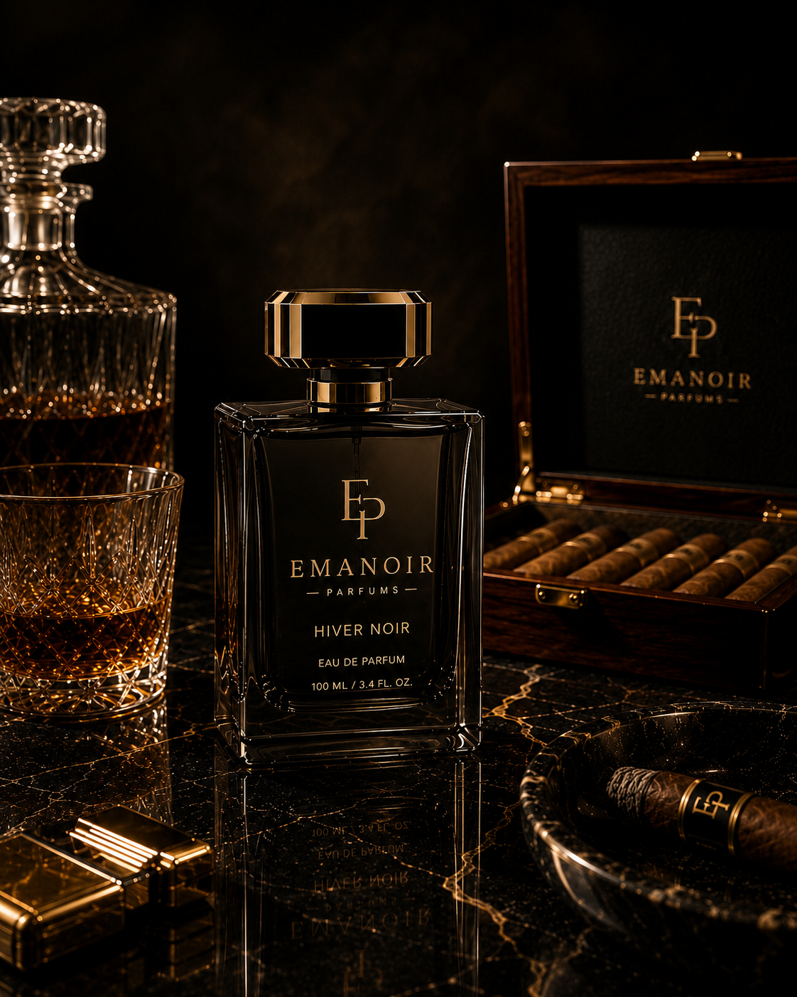 Emanoir Parfums Hiver Noir on black marble
