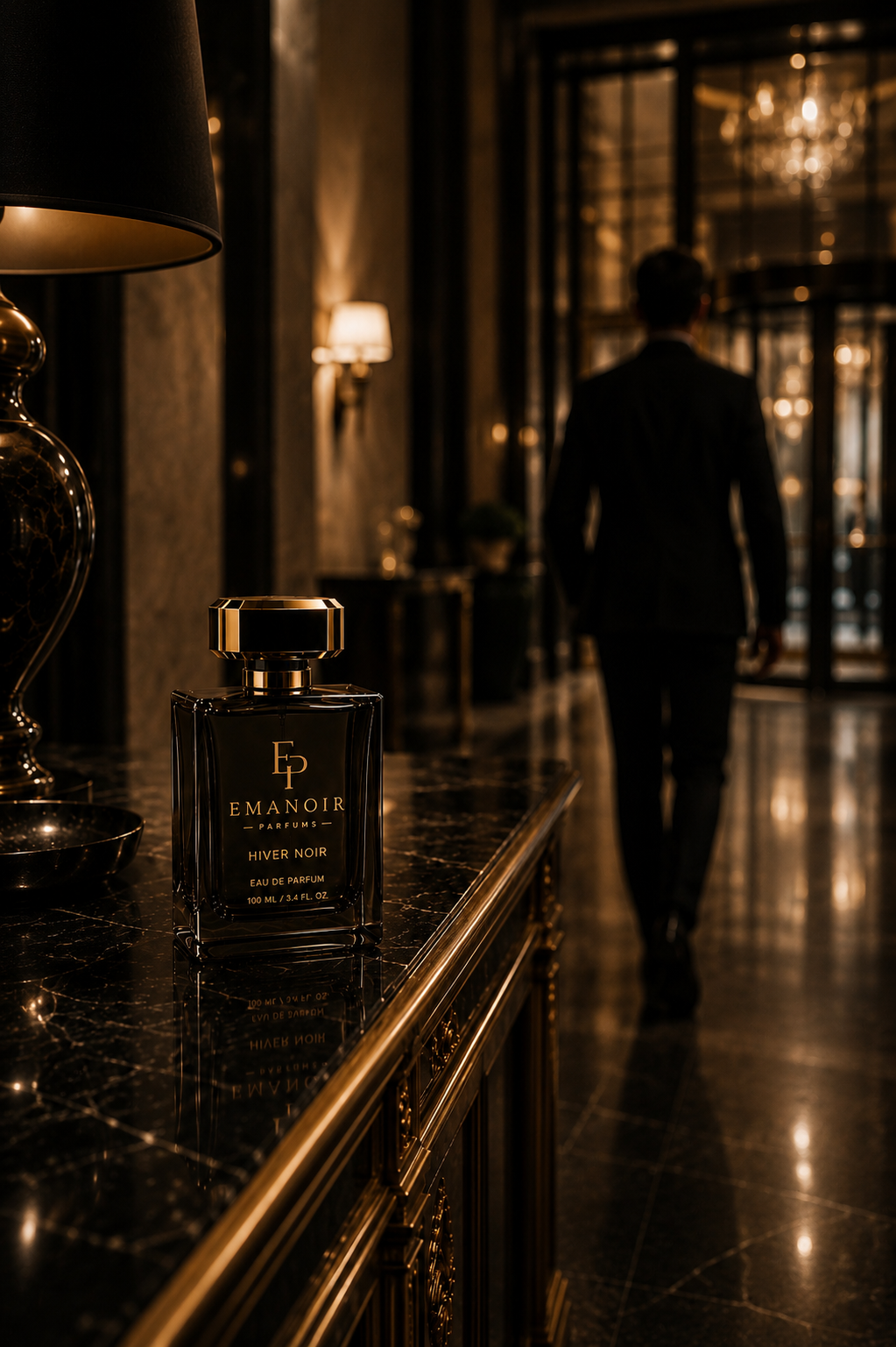 Emanoir Parfums Hiver Noir bottle in a candlelit hotel hall with a figure walking away
